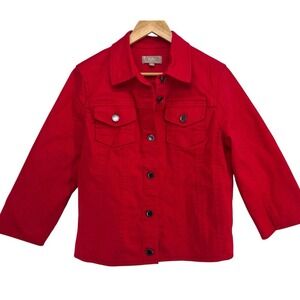 Clinton Kelly‎ Red Denim Button Up Jean Jacket Sz M 3/4 Sleeve Layering Chic